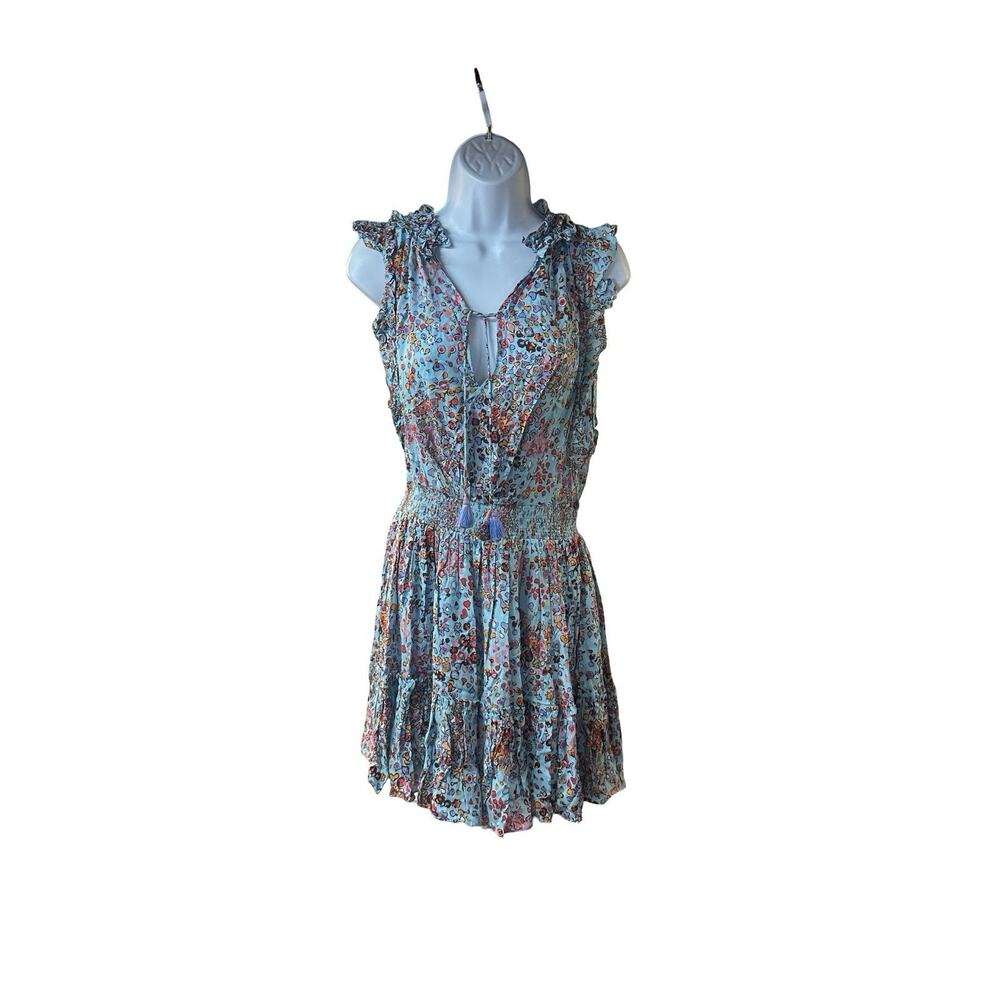 Poupette St Barth Triny V Light Blue Floral Mini Dress Smocked Ruffle Tassel S